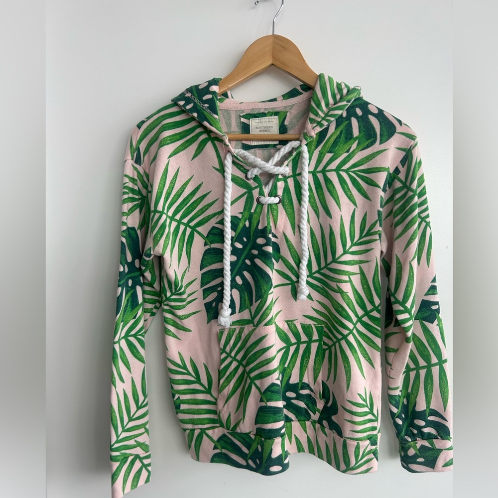 Tropical Leaf Lace-Up Hoodie Sweatshirt - Pink & Green